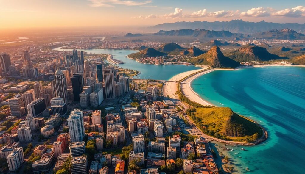 A breathtaking aerial view of the world's most captivating tourist destinations. An expansive landscape showcasing iconic landmarks and natural wonders, bathed in warm, golden light. In the foreground, bustling city skylines with towering skyscrapers and historic architecture. In the middle ground, idyllic beaches with swaying palm trees and crystal-clear waters. In the background, majestic mountain ranges and serene countryside vistas. The scene radiates a sense of adventure, wonder, and the allure of global travel. Captured with a wide-angle lens to convey the grandeur and scale of these incredible "destinos turísticos".
