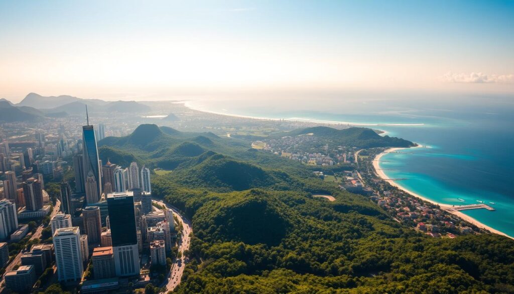 A breathtaking landscape showcasing the global benefits of tourism. In the foreground, a vibrant city skyline with gleaming skyscrapers and bustling streets, symbolizing economic growth and development. In the middle ground, lush green forests and rolling hills, representing the preservation of natural wonders. In the distant background, pristine beaches and azure waters, signifying the preservation of cultural heritage and environmental sustainability. The scene is bathed in warm, golden sunlight, creating a sense of prosperity and optimism. A wide-angle lens captures the grand scale of these diverse benefits, conveying the far-reaching impact of tourism on a worldwide scale.