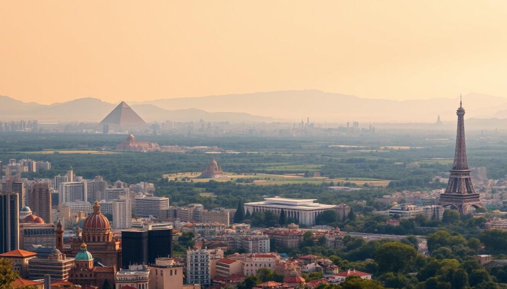 A breathtaking panorama of the world's most captivating tourist destinations. In the foreground, a vibrant cityscape bustles with life, its towering skyscrapers and colorful architecture bathed in the warm glow of the sun. In the middle ground, a lush, verdant landscape unfolds, dotted with ancient ruins and majestic mountains. In the distance, the horizon is punctuated by iconic landmarks, from the pyramids of Giza to the Eiffel Tower, each a beacon of cultural heritage and global allure. The scene is illuminated by a soft, diffused lighting that captures the essence of the world's most sought-after travel experiences. Captured through a wide-angle lens, this image conveys the grandeur, diversity, and sheer beauty of the planet's finest tourist destinations.