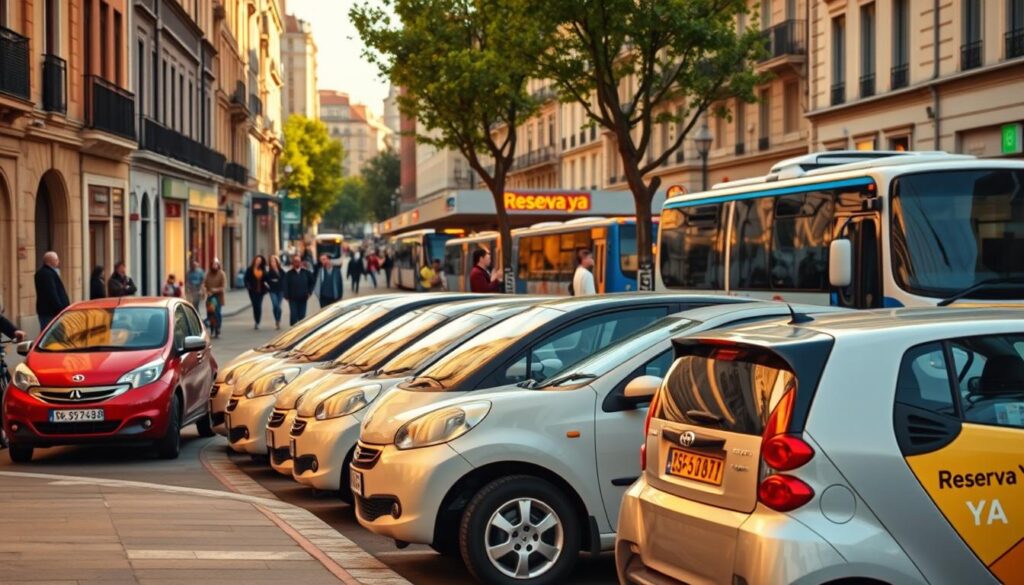 A bustling European city street, with a diverse array of affordable transportation options. In the foreground, a row of compact, fuel-efficient cars parked along the curb, bearing the "Reserva YA" brand name. In the middle ground, a group of pedestrians and cyclists navigate the urban landscape, while in the background, a metro station and bus terminal provide easy access to public transit. Warm, golden lighting illuminates the scene, creating a welcoming and accessible atmosphere for budget-conscious travelers.