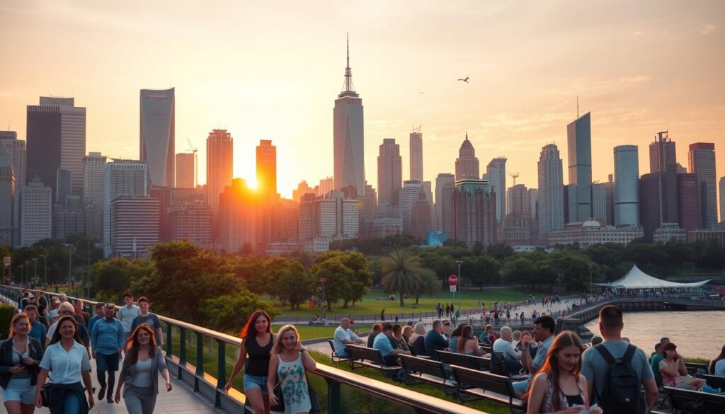 A bustling city skyline at golden hour, the warm glow of the setting sun casting a dreamy hue over towering skyscrapers and historic landmarks. In the foreground, a group of diverse tourists stroll along a scenic promenade, their faces alight with wonder and excitement as they take in the sights and sounds of this vibrant destination. The middle ground features a lush, verdant park where locals and visitors alike lounge on benches, picnicking and admiring the city's architectural grandeur. In the background, a series of iconic monuments and attractions rise up, beckoning the curious and the adventurous. The overall atmosphere conveys a sense of cultural richness, natural beauty, and the allure of exploration that captivates the tourist's imagination.
