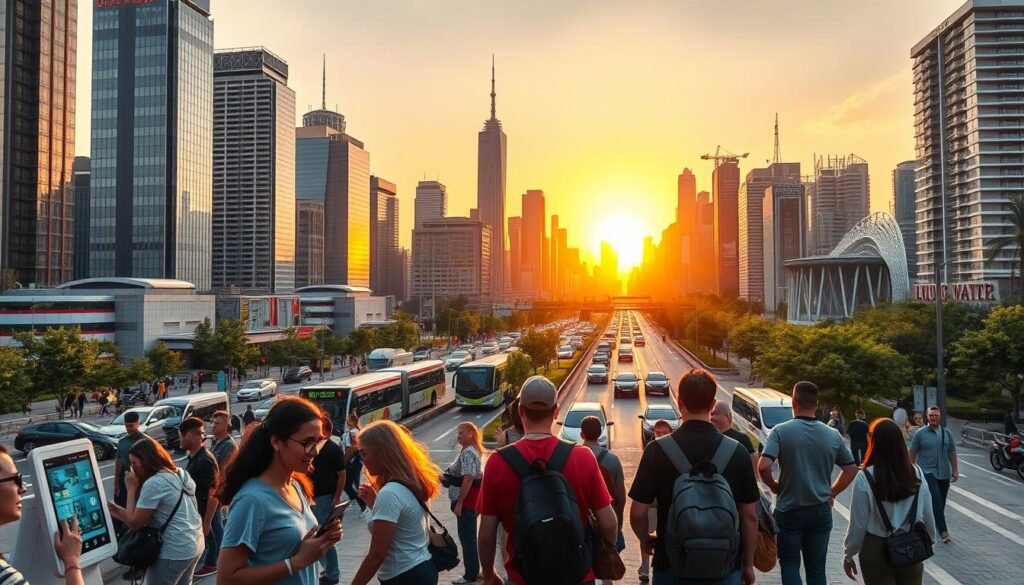 A bustling city skyline with modern high-rises and tech hubs, bathed in a warm, golden hour glow. In the foreground, a group of happy, diverse tourists explore digital kiosks and interactive displays, experiencing the seamless integration of technology into the urban landscape. In the middle ground, electric vehicles and smart transportation systems move efficiently, reducing emissions and traffic congestion. In the background, lush green spaces and public art installations showcase the city's commitment to sustainability and cultural enrichment. The scene conveys the benefits of a smart, interconnected destination that enhances the visitor experience while prioritizing environmental and social well-being.