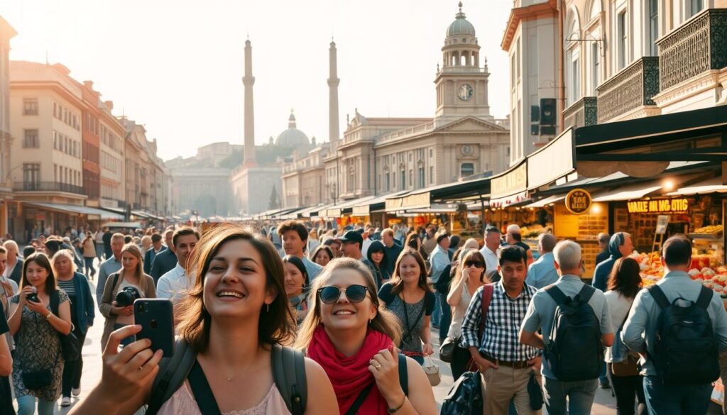 A bustling city street, its sidewalks teeming with tourists admiring the vibrant architecture and local culture. In the foreground, a group of visitors excitedly capturing moments with their cameras, their expressions alight with wonder. The mid-ground features a lively outdoor market, its stalls overflowing with colorful wares and the aroma of local delicacies. In the background, towering monuments and historic landmarks stand as silent witnesses to the city's rich heritage. Warm, golden lighting bathes the scene, creating a sense of energy and exploration. The overall mood is one of curiosity, excitement, and the thrill of discovering a new destination.