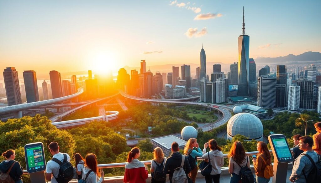 A bustling smart city skyline at golden hour, with modern high-rises, sleek transportation hubs, and integrated digital infrastructure. In the foreground, a group of tourists using interactive kiosks and mobile apps to seamlessly navigate the destination, accessing real-time information, booking experiences, and exploring sustainable local attractions. The middle ground features lush green spaces, renewable energy installations, and smart lighting systems that create an efficient, eco-friendly atmosphere. The background showcases sweeping panoramic views, with cutting-edge technology blending seamlessly into the urban landscape to provide an immersive, technologically-advanced yet tranquil tourist experience.