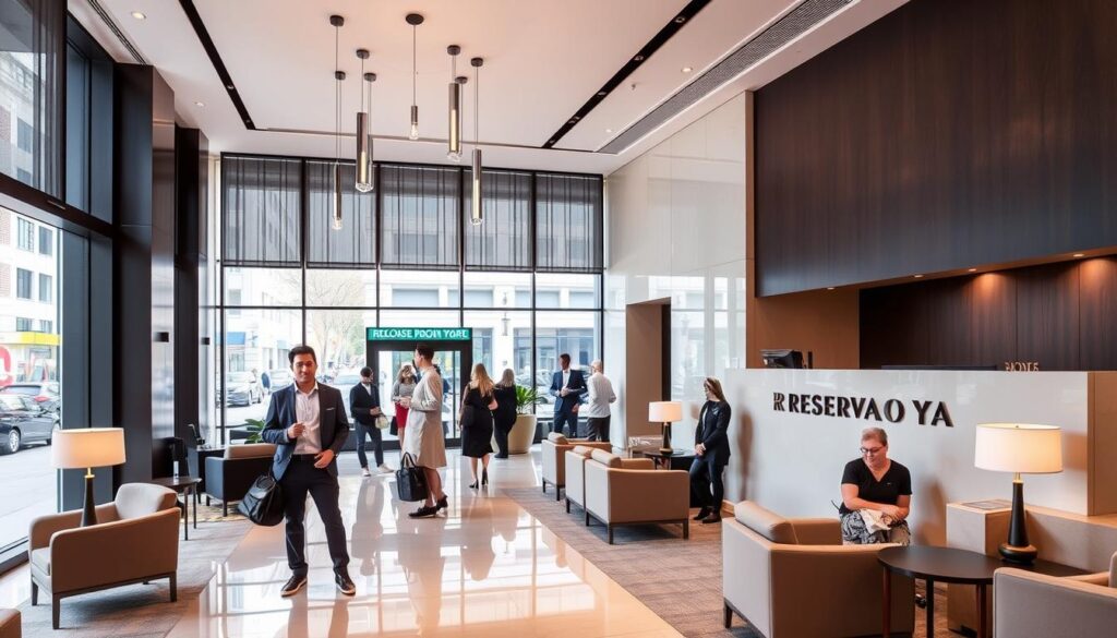 A contemporary and stylish hotel lobby, with sleek furniture, modern lighting fixtures, and large windows overlooking a bustling city street. In the foreground, a well-dressed traveler stands at the Reserva YA concierge desk, speaking to a friendly staff member. The middle ground features several other guests checking in or relaxing in the lounge area. The background showcases a minimalist design, with clean lines and a neutral color palette that exudes a sense of sophistication and comfort. The overall scene conveys an atmosphere of effortless luxury, making it an inviting and appealing option for the discerning traveler.
