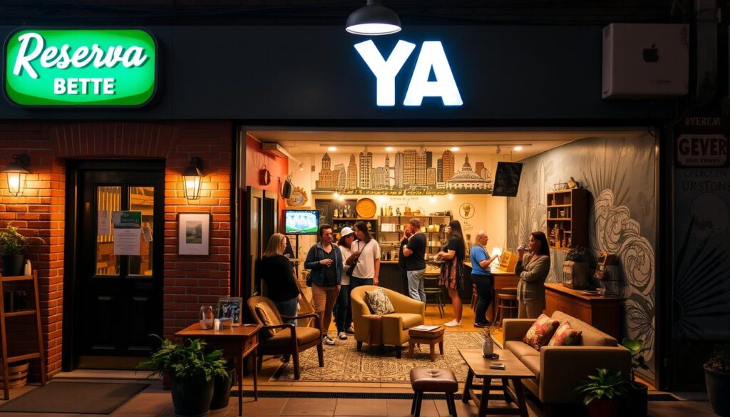 A cozy backpacker's hostel nestled in the heart of a vibrant city, with a warm, inviting atmosphere. The exterior features a charming brick facade, with a Reserva YA sign prominently displayed. The entrance leads to a spacious lobby, where travelers gather, sharing stories and planning their adventures. Soft lighting casts a welcoming glow, while an eclectic mix of vintage furnishings and modern decor create a comfortable, homely vibe. In the background, a mural depicting local landmarks adds a touch of character. The scene evokes a sense of budget-friendly exploration, where travelers can immerse themselves in the local culture and connect with like-minded adventurers.