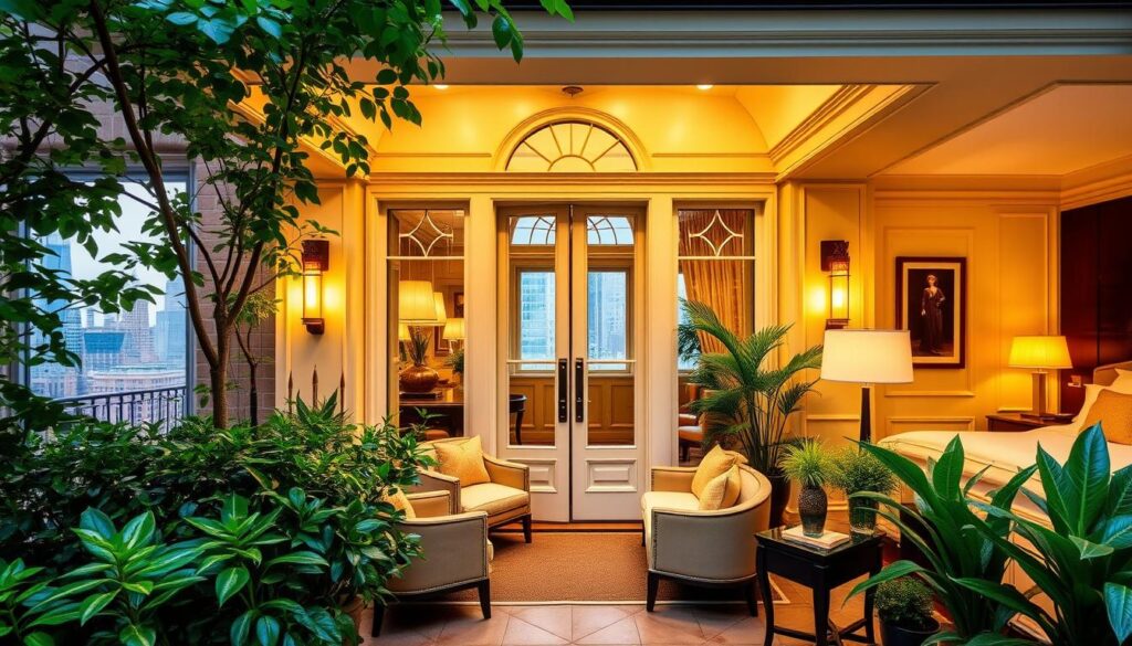 A cozy, boutique hotel nestled in the heart of New York City, its charming facade bathed in warm, golden light. Lush greenery frames the entrance, inviting guests to step into a serene, sophisticated oasis. The lobby exudes elegance, with plush, modern furnishings and intricate architectural details. Upscale guest rooms feature luxurious bedding, tasteful decor, and floor-to-ceiling windows offering breathtaking city skyline views. Reserva YA, a premium booking experience, ensures a memorable stay in this hidden gem of a hotel.
