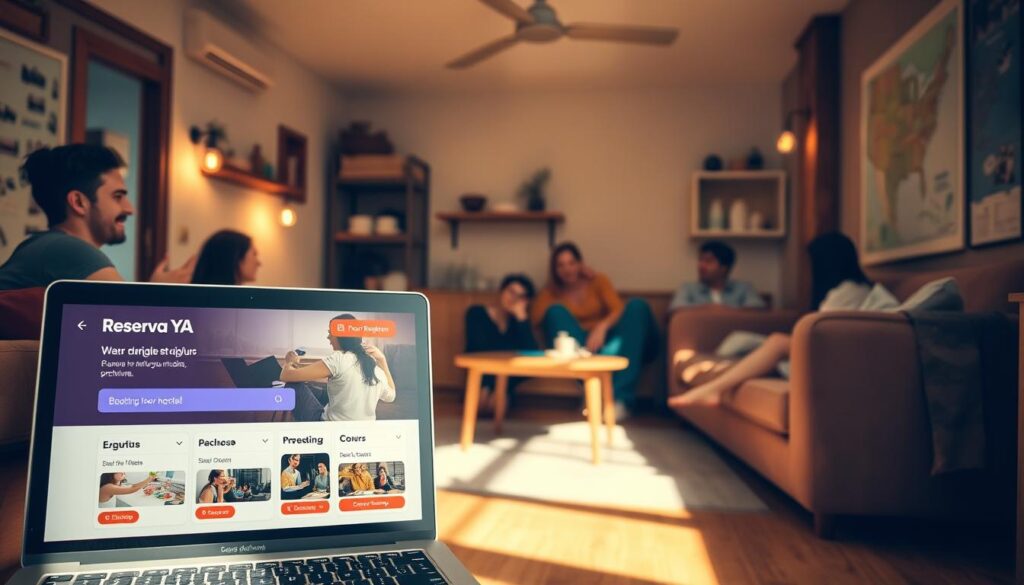 A cozy, inviting hostel interior with warm lighting, wooden accents, and plush textiles. A group of young backpackers relaxing in the shared lounge, planning their next adventure. In the foreground, a laptop displays the "Reserva YA" booking platform, showcasing budget-friendly hostel options. Soft shadows and a natural color palette create a welcoming, comfortable atmosphere. The middle ground features a well-equipped kitchen, where travelers can prepare meals and socialize. In the background, a map of the local area provides inspiration for exploration. The scene conveys the essence of affordable, accessible accommodations for the modern backpacker.