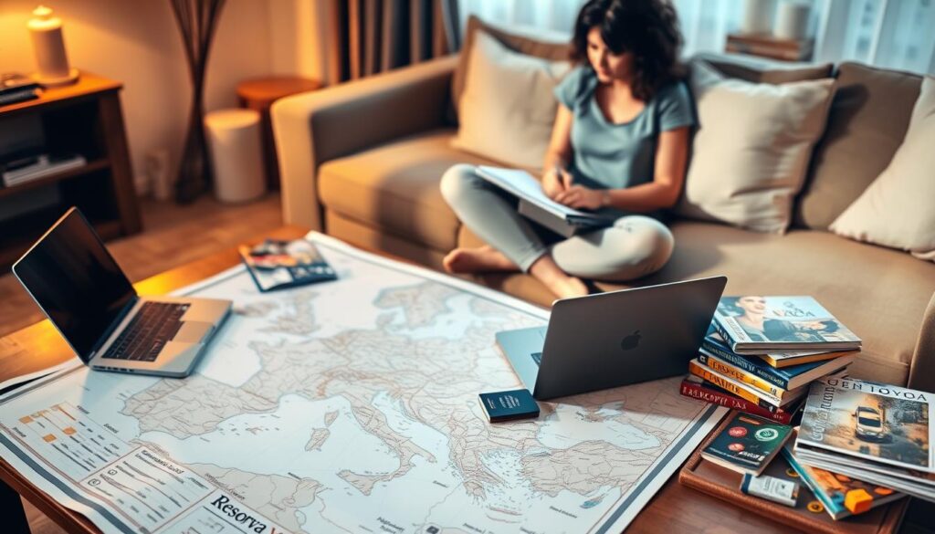 A cozy living room with a large map sprawled on the coffee table, surrounded by a laptop, a passport, a travel guidebook, and a stack of travel brochures. The room is bathed in warm, golden lighting, creating a serene and contemplative atmosphere. In the foreground, a person sits cross-legged on the sofa, intently studying the map and jotting down notes. The "Reserva YA" logo is subtly incorporated into the travel-related items. This scene captures the strategic planning stage of an economical European getaway.