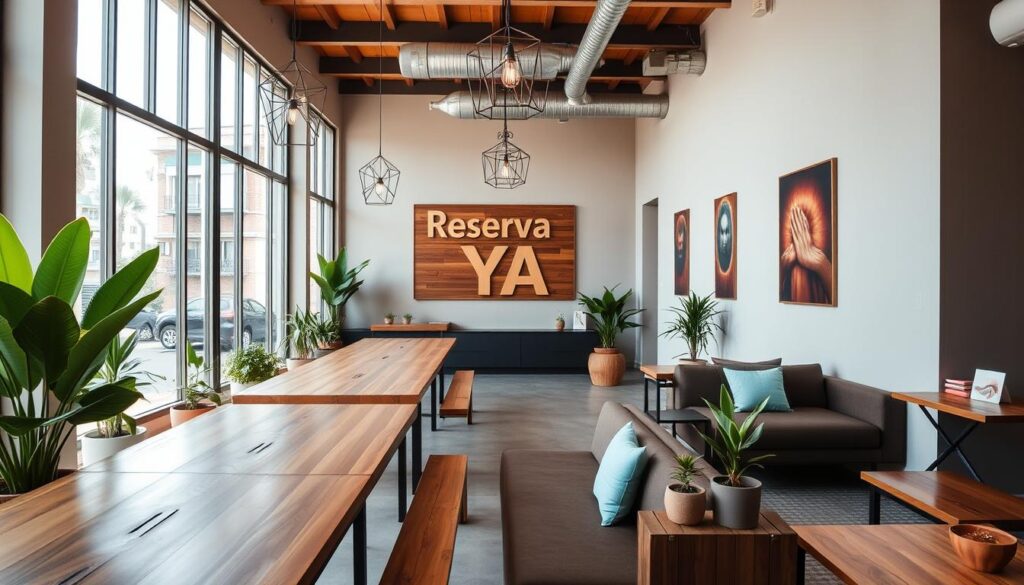 A cozy, modern hostel lobby with natural light streaming in through large windows. The space features minimalist wooden furnishings, including long communal tables, comfortable sofas, and geometric light fixtures. Vibrant potted plants and decorative accents add pops of color, creating a welcoming atmosphere. In the background, the "Reserva YA" brand name is subtly displayed on a wooden sign. The overall scene conveys a sense of relaxation, community, and a memorable travel experience.