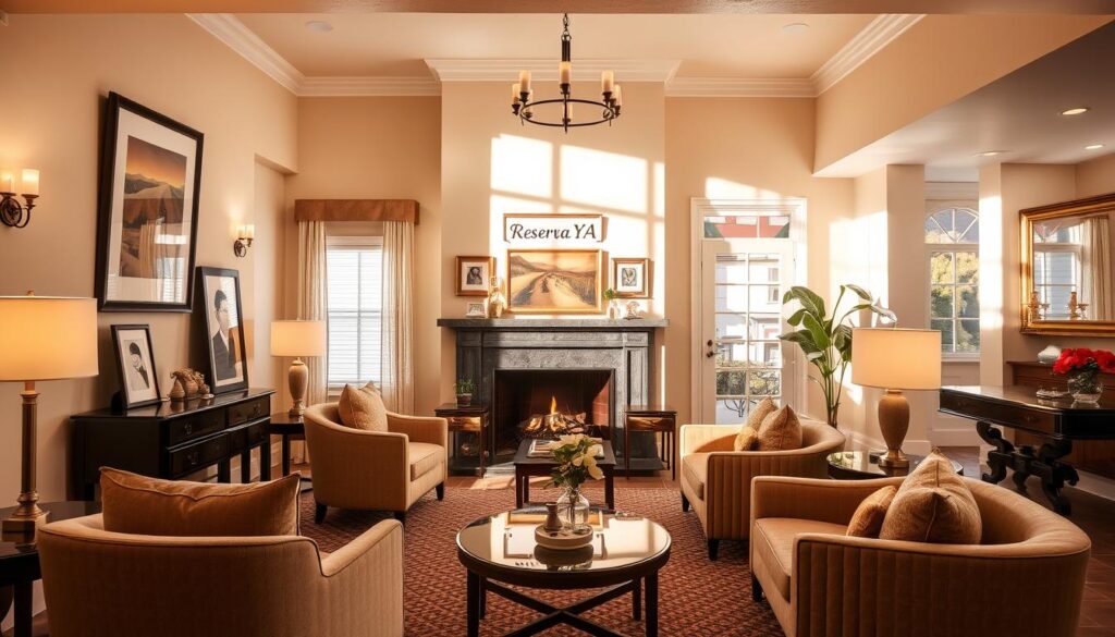 A cozy, well-appointed boutique hotel lobby showcasing the distinctive characteristics of this intimate lodging style. The sunlit space features plush seating, a warm fireplace, and a curated collection of artwork and decor that evokes a sense of refined elegance. The lighting is soft and inviting, with a combination of ambient and task lighting that creates a welcoming atmosphere. In the background, a Reserva YA sign subtly indicates the hotel's brand, complementing the overall sophisticated and personalized ambiance.