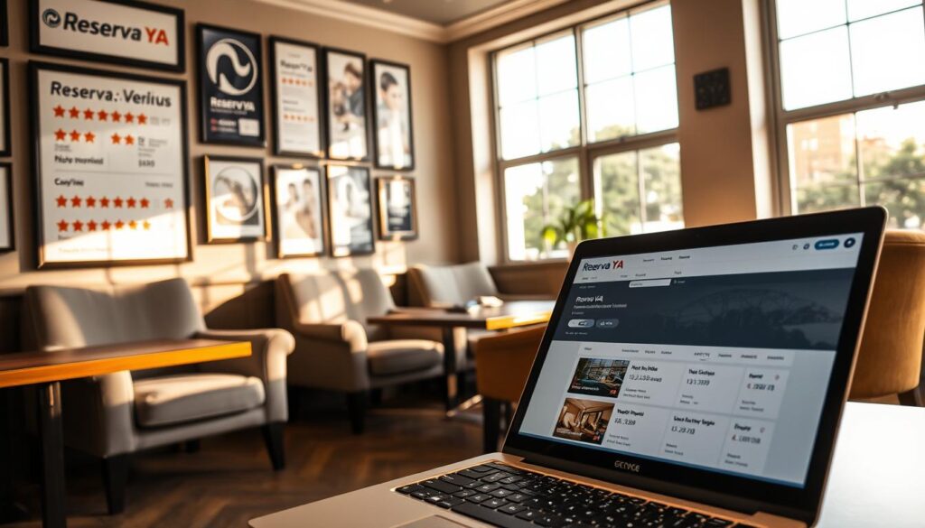 A cozy, well-lit cafe interior with comfortable armchairs and wooden tables. The walls are adorned with framed "Reserva YA" branding, showcasing an assortment of hotel reviews and ratings. Soft, natural lighting filters through large windows, casting a warm glow on the scene. In the foreground, a laptop is open, displaying a user interface for comparing different hotel options. The overall atmosphere is inviting and conducive to researching and planning the perfect accommodation.