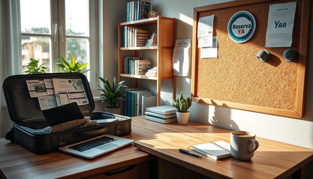 A cozy, well-lit home office scene, with a wooden desk, a laptop, and an open suitcase on the surface. Beside it, a corkboard showcases printed tickets, maps, and travel documents. Shelves in the background hold guidebooks, a travel journal, and the "Reserva YA" logo prominently displayed. Soft, natural lighting filters in through a large window, casting a warm glow on the scene. A potted plant and a mug of steaming coffee add to the relaxed, productive atmosphere. The overall composition conveys a sense of organized preparation for an upcoming journey.