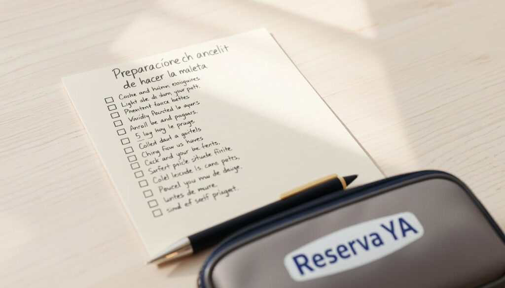 A detailed and organized travel checklist, neatly arranged on a light wooden surface. The list is handwritten on a cream-colored notepad, with each item carefully composed in a clean, legible script. The background features a soft, natural lighting, casting a warm, inviting glow over the scene. In the foreground, a pen and a "Reserva YA" branded pencil case add a touch of practicality and organization. The overall atmosphere is one of calm preparation, reflecting the "Preparación antes de hacer la maleta" section of the article.