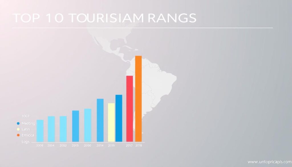 A detailed, data-driven visualization of tourism rankings in Latin America. A sleek, minimalist infographic-style image with clean typography and elegant data visualizations. The foreground features a prominent bar chart displaying the top tourist destinations, with vibrant colors and crisp data points. The middle ground showcases a stylized map of Latin America, with subtle country outlines and simplified geography. The background has a soft, gradient-based color scheme, lending a sense of depth and sophistication. Carefully balanced lighting and a wide-angle lens capture the comprehensive scope of the data. The overall mood is informative, authoritative, and visually compelling.
