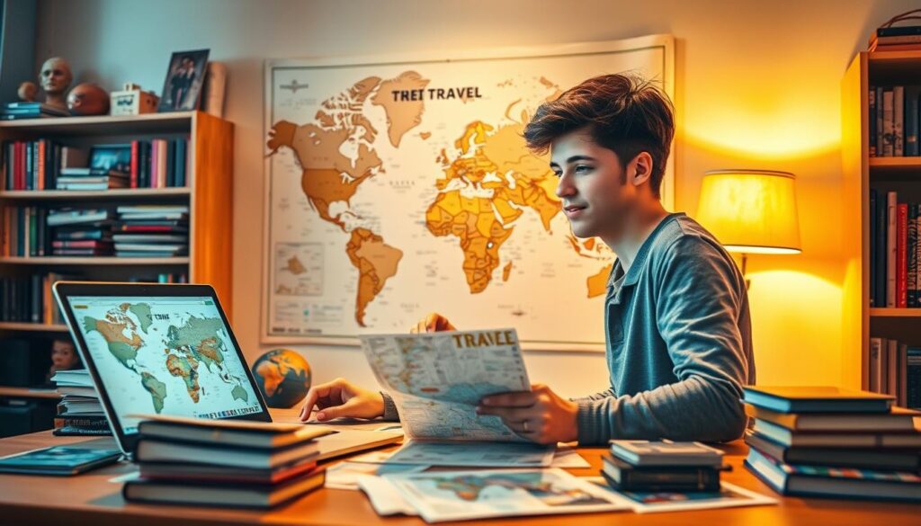 A detailed travel planning scene with a young person sitting at a desk, surrounded by a map, laptop, travel guides, and other planning tools. The lighting is warm and inviting, creating a cozy, focused atmosphere. In the middle ground, a large world map adorns the wall, pinpointing popular destinations. The background features a bookshelf filled with travel-related books and souvenirs, hinting at the adventurer's passion for exploration. The composition emphasizes the process of meticulously organizing a trip, capturing the excitement and anticipation of the journey to come.