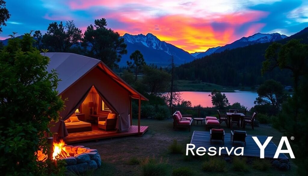 A glamorous camping scene in a picturesque national park. In the foreground, a large, luxurious safari-style tent nestled among lush vegetation and towering trees. Warm, soft lighting from within the tent and a crackling campfire illuminates the surrounding landscape. In the middle ground, a wooden deck with comfortable outdoor furniture overlooking a tranquil lake. In the background, majestic mountains with snow-capped peaks under a vibrant sunset sky. The entire scene has an air of rustic elegance and tranquility. "Reserva YA" glamping experience.