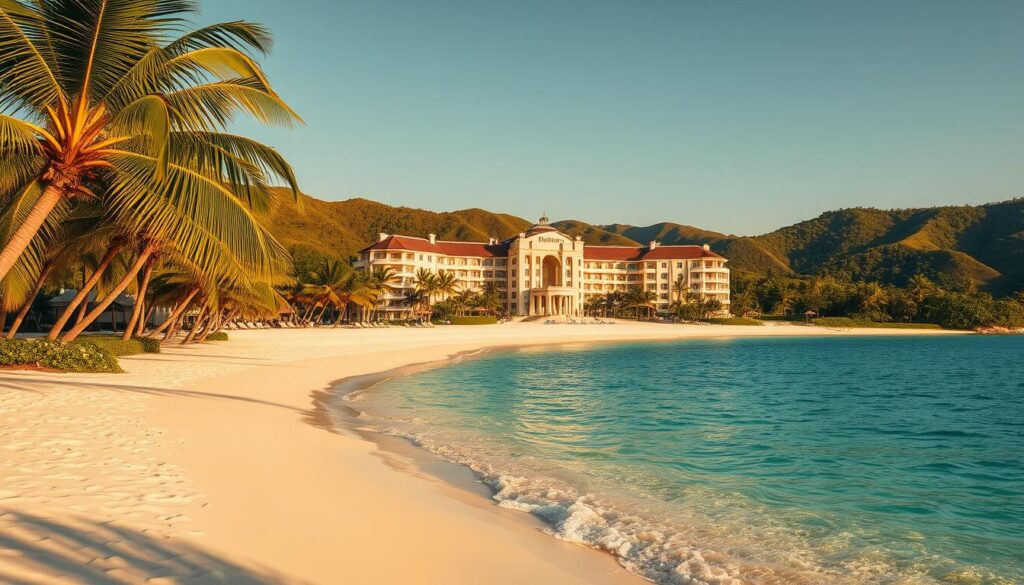 A luxurious all-inclusive resort nestled amidst a lush, tropical paradise. In the foreground, a pristine white-sand beach stretches out, caressed by crystal-clear turquoise waters. Swaying palm trees line the shore, casting gentle shadows across the scene. In the middle ground, the resort's grand, architectural facade comes into view, showcasing its elegant, modern design and inviting guests to explore its amenities. The background features a backdrop of verdant, rolling hills, creating a sense of seclusion and tranquility. The lighting is warm and golden, evoking a serene, relaxing atmosphere. Capture the essence of "Reserva YA" - an idyllic, all-inclusive destination for the ultimate in luxury and relaxation.