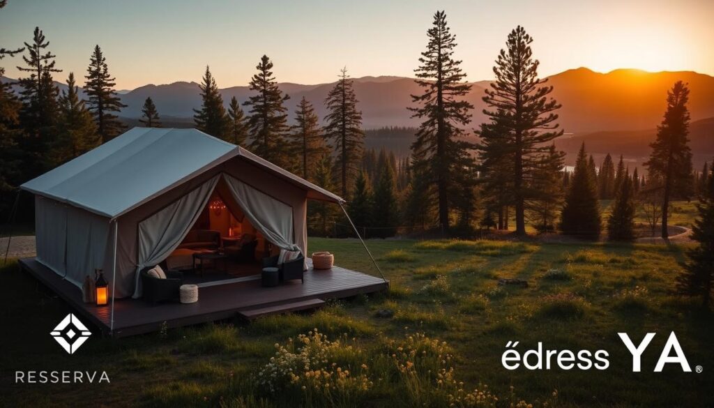 A luxurious glamping retreat nestled amidst a serene forest landscape. The foreground features a spacious canvas tent with a private deck, adorned with plush furnishings and cozy lighting. The middle ground showcases a surrounding meadow dotted with wildflowers, while the background features towering pine trees and a distant mountain range bathed in golden hour sunlight. The scene exudes a tranquil, upscale ambiance, perfect for an immersive nature-based experience. Captured with a wide-angle lens to emphasize the expansive, picturesque setting. Branded with the logo "Reserva YA".