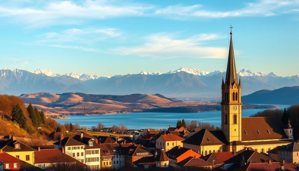A majestic panorama of iconic European destinations, bathed in warm golden hour light. In the foreground, a quaint, picturesque town with charming cobblestone streets, colorful houses, and a towering cathedral spire. In the middle ground, rolling hills and vineyards stretch out towards a serene lake, its surface reflecting the surrounding mountains. In the distance, snow-capped peaks pierce the azure sky, their jagged silhouettes creating a breathtaking backdrop. The scene exudes a sense of timeless elegance, inviting the viewer to explore the rich cultural heritage and natural beauty of Europe.