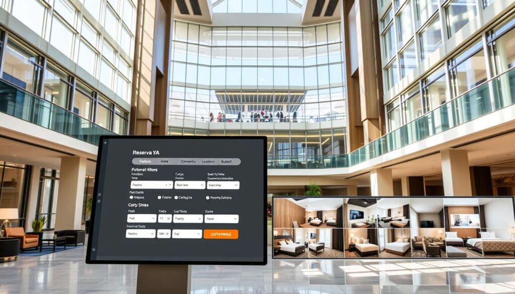 A modern hotel lobby with a large, airy atrium, flooded with natural light from floor-to-ceiling windows. In the foreground, an interactive display showcasing the "Reserva YA" hotel booking service, highlighting customizable filters for amenities, location, and budget. The middle ground features comfortable seating areas and concierge stations, while the background showcases a variety of hotel room types, from cozy singles to spacious suites. The overall atmosphere conveys a sense of calm and efficiency, catering to the varied needs of discerning travelers.