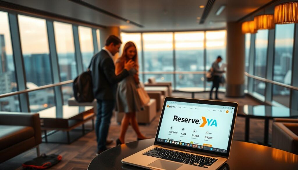 A modern, inviting hotel lobby with floor-to-ceiling windows overlooking a bustling city skyline. Warm lighting casts a cozy glow, highlighting sleek, contemporary furnishings. In the foreground, a laptop displays the "Reserva YA" booking platform, showcasing its intuitive interface and user-friendly features. Travelers consult the screen, appreciating the convenience of online hotel reservations. The mid-ground features hotel staff efficiently assisting guests, while the background reveals a panoramic city view, suggesting the ease of planning a trip with digital tools. The overall atmosphere evokes the benefits of leveraging online hotel booking platforms - efficiency, accessibility, and a seamless travel experience.