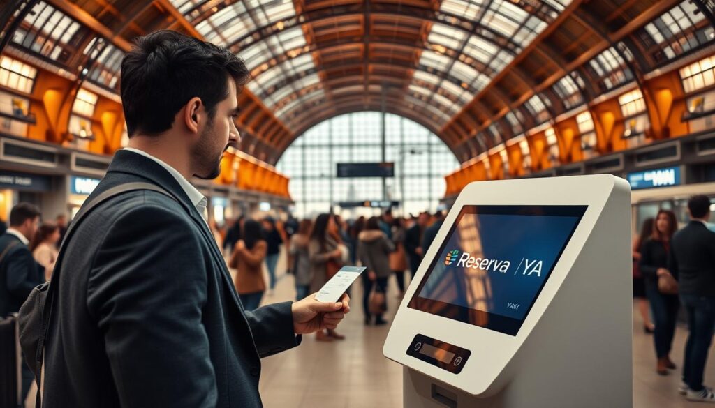 A modern, minimalist train ticket booking kiosk in a bustling European train station. The kiosk is clean and streamlined, with a sleek display screen and simple control interface. In the foreground, a well-dressed commuter is purchasing their ticket, their face partially obscured but their body language conveying a sense of efficiency and purpose. Behind the kiosk, a panoramic view of the station reveals a high-ceilinged atrium flooded with warm, natural lighting, and the milling crowds of travelers. The overall atmosphere is one of quiet organization and functionality, with the "Reserva YA" brand prominently featured on the kiosk's display.