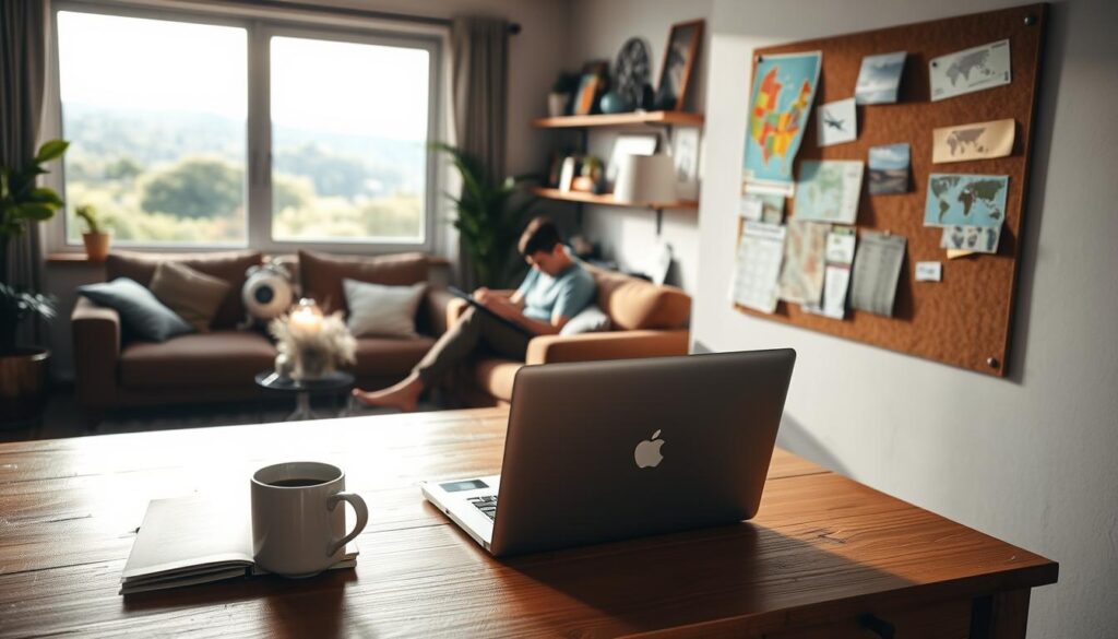 A peaceful, well-lit scene of a cozy living room, with a large window overlooking a lush, verdant landscape. In the foreground, a wooden table is adorned with a laptop, a travel guidebook, and a mug of steaming coffee. Beside it, a corkboard displays colorful maps, train schedules, and airline tickets, hinting at the planning process for an upcoming trip. The middle ground features a comfortable sofa and armchair, where a person is seated, meticulously organizing their travel itinerary and documents. Soft, natural lighting filters through the window, creating a warm, contemplative atmosphere. In the background, shelves filled with travel-themed decor and mementos suggest a passion for exploration and discovery. The overall scene evokes a sense of careful preparation, anticipation, and the excitement of planning an unforgettable journey.