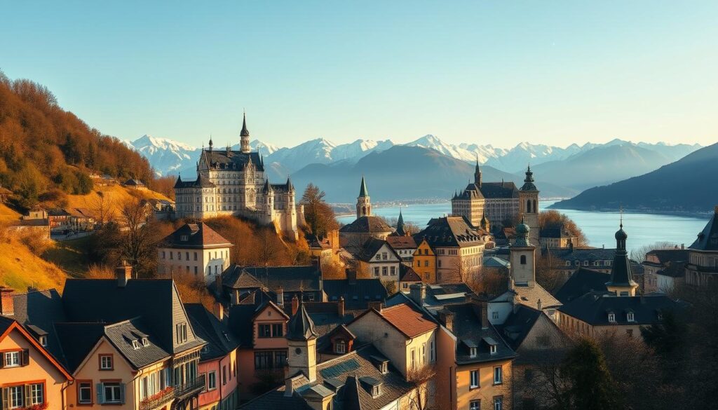 A picturesque European travel destination, showcasing the architectural marvels and natural wonders that captivate visitors. In the foreground, a quaint European town nestled between rolling hills, with charming cobblestone streets, colorful buildings, and ornate spires. In the middle ground, a majestic castle or palace perched atop a cliff, overlooking a serene lake or river. In the background, snow-capped mountains rise majestically, their peaks piercing the azure sky. The scene is bathed in warm, golden light, casting a dreamlike ambiance and evoking a sense of timeless elegance. The overall composition conveys the enchanting allure of Europe's most captivating tourist destinations.