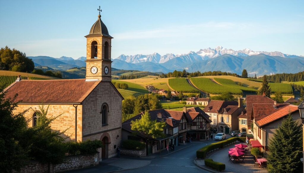 A picturesque French countryside landscape, with rolling hills, lush vineyards, and charming villages nestled among the verdant foliage. In the foreground, a quaint stone church with a bell tower stands tall, its weathered facade bathed in warm, golden sunlight. In the middle ground, cobblestone streets wind through the charming town, lined with traditional half-timbered houses and cafes with outdoor seating. The background is dominated by the majestic silhouettes of the French Alps, their snow-capped peaks reaching towards the azure sky. The scene is imbued with a sense of tranquility and timelessness, capturing the essence of the France's enduring allure as a top tourist destination.