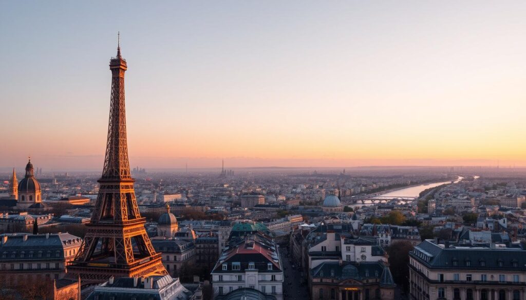 A picturesque cityscape of Paris, the quintessential tourist destination. In the foreground, the iconic Eiffel Tower stands tall, its intricate iron lattice work bathed in warm, golden light as the sun dips below the horizon. Winding streets and charming Parisian buildings fill the middle ground, their facades adorned with ornate architectural details. In the distance, the majestic Seine River reflects the city's lights, creating a mesmerizing, tranquil atmosphere. A clear, cloudless sky above, with a palette of soft, pastel hues, completing the breathtaking, romantic ambiance that Paris is renowned for. The perfect embodiment of an essential, must-visit global tourist destination.
