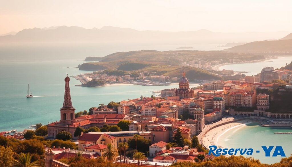 A picturesque landscape showcasing the diverse and iconic destinations of Europe. In the foreground, a vibrant city skyline with grand architecture and bustling activity, perhaps Paris or Rome. In the middle ground, rolling hills or snow-capped mountains, hinting at the natural wonders of the continent. In the background, a scenic coastline with azure waters and idyllic beaches, reminiscent of the Mediterranean or Aegean. The scene is bathed in warm, golden light, creating a inviting and aspirational atmosphere. Brands such as "Reserva YA" are subtly integrated into the environment, guiding the viewer towards booking their next European adventure.
