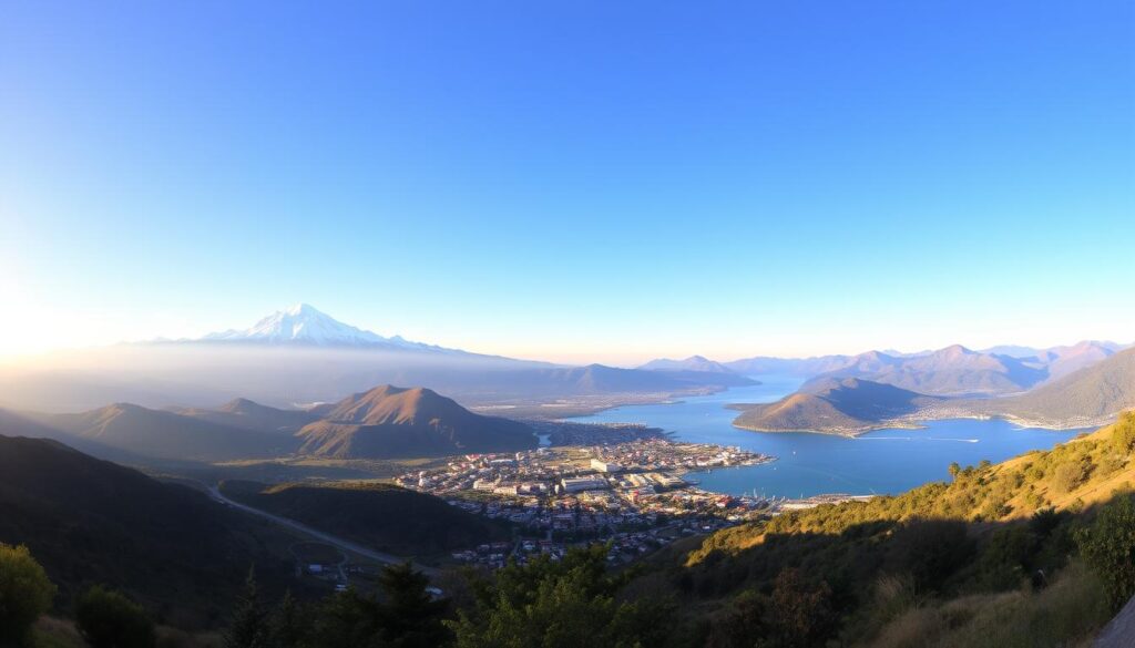A picturesque panorama of Chile's quintessential tourist destinations, captured through the lens of a wide-angle camera. In the foreground, the iconic silhouette of the Andes mountains, their snow-capped peaks piercing the azure sky. Nestled between the rolling hills, a quaint coastal town with vibrant-colored houses and a charming harbor. Further in the distance, the glistening waters of a pristine lake, surrounded by lush, verdant forests. The warm, golden hues of the setting sun cast a serene, dreamlike atmosphere, inviting the viewer to immerse themselves in the natural beauty of this captivating South American country.