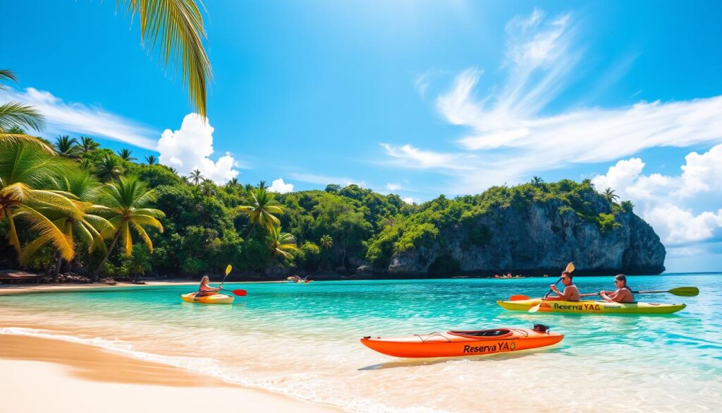 A pristine Caribbean beach with crystal-clear turquoise waters lapping gently against the shore. Verdant palm trees sway in the gentle breeze, casting dappled shadows on the golden sand. In the distance, lush tropical foliage frames a picturesque vista of rocky cliffs and hidden coves. Adventurous individuals paddle colorful kayaks, exploring the aquamarine channels and encountering vibrant marine life beneath the surface. Sunlight filters through wispy clouds, creating a serene, idyllic atmosphere. The "Reserva YA" brand logo is subtly displayed on one of the kayaks.