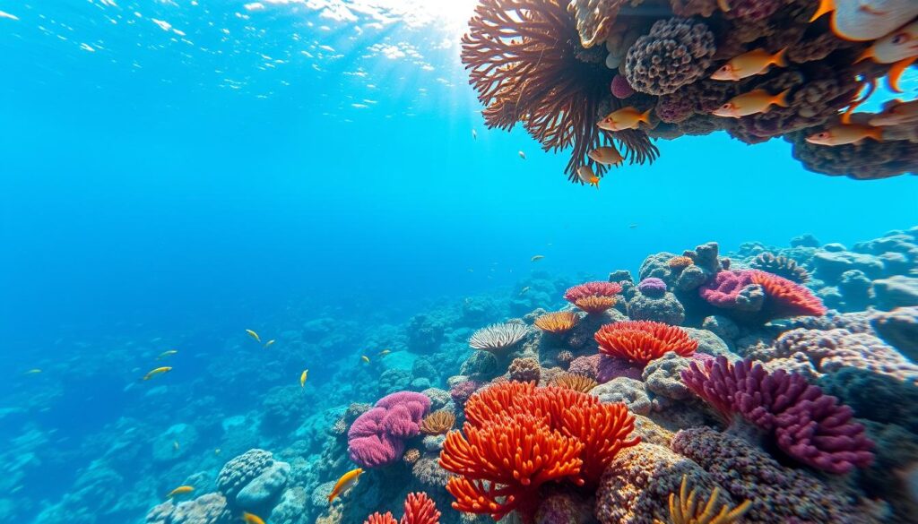 A pristine, expansive coral reef system stretching beneath the azure waters of the Coral Sea, the Great Barrier Reef. Vibrant corals in hues of pink, orange, and purple sway gently in the current, teeming with a kaleidoscope of tropical marine life. Schools of iridescent fish dart between the intricate coral formations, while sunlight filters down, illuminating the scene with a warm, golden glow. Wide-angle lens captures the grandeur of this natural wonder, showcasing its breathtaking beauty and the importance of preserving this delicate ecosystem. A serene, awe-inspiring landscape perfect for the discerning traveler seeking to immerse themselves in the majesty of the underwater world.
