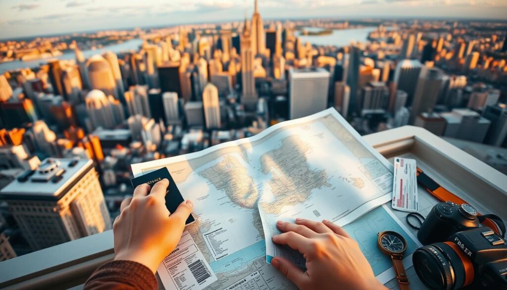 A scenic aerial view of a bustling city skyline, with iconic landmarks and towering skyscrapers in the background. In the foreground, a close-up of a person's hands poring over a detailed travel map, surrounded by a collection of travel essentials - a passport, tickets, a compass, and a camera. The lighting is warm and inviting, creating a sense of anticipation and excitement for the journey ahead. The overall mood is one of careful planning and eager exploration, reflecting the theme of "Cómo planificar un viaje a los mejores destinos turísticos".