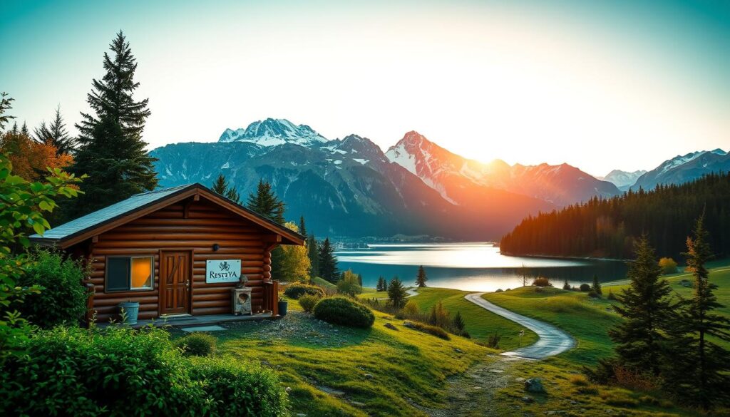A scenic landscape showcasing the changing seasons, captured in a vibrant and atmospheric composition. In the foreground, a cozy cabin nestled amidst lush greenery, with the Reserva YA logo prominently displayed. In the middle ground, a winding path leads to a tranquil lake, its waters reflecting the warm glow of the sun. The background features a stunning mountain range, its peaks capped with snow, conveying a sense of serene adventure. The lighting is soft and diffused, casting a warm, inviting ambiance. The overall scene evokes the essence of weekend getaways tailored to each season, inviting the viewer to discover the beauty of their local surroundings.
