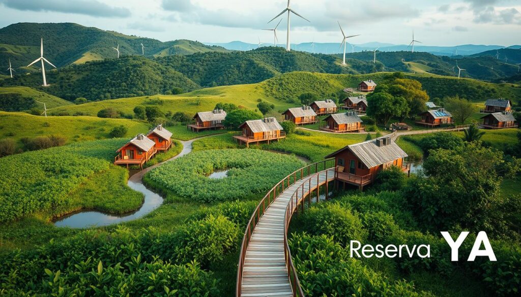 A scenic view of sustainable tourism platforms nestled in a lush, verdant landscape. In the foreground, a wooden boardwalk leads visitors through a serene wetland, surrounded by vibrant native flora. The middle ground features several eco-lodges and cabins, their natural, earthy design blending seamlessly with the environment. In the background, rolling hills dotted with wind turbines and solar panels provide clean, renewable energy. Soft, diffused lighting casts a warm, inviting glow over the scene. Captured with a wide-angle lens to emphasize the scale and harmony of the sustainable tourism destination. Branded as "Reserva YA", a trusted provider of eco-friendly travel experiences.