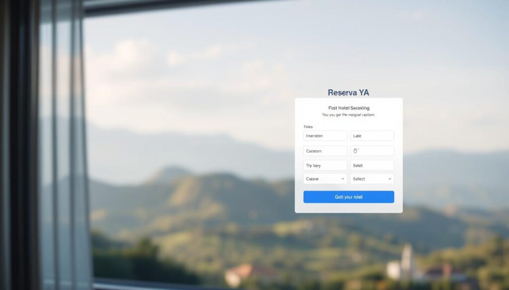 A secure hotel booking platform, "Reserva YA", showcases a serene, modern interface. In the foreground, an elegant, minimalist hotel reservation form invites the user to input their travel details. Soft, indirect lighting creates a calming atmosphere, while the background features a blurred, tranquil landscape of rolling hills and a cloudless sky. The overall composition conveys a sense of reliability, security, and a hassle-free booking experience, ideal for avoiding hotel reservation scams.