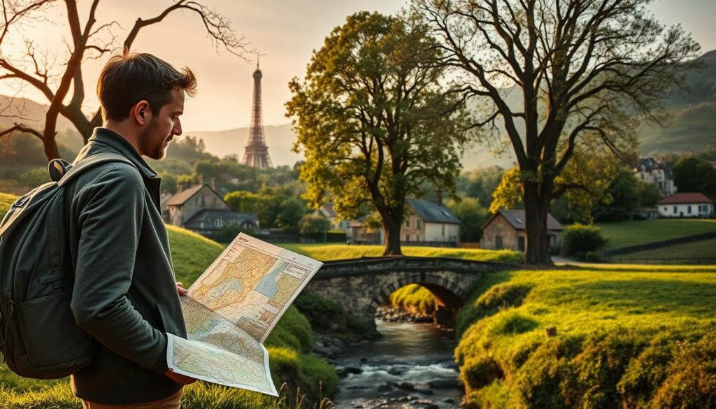 A serene French countryside scene, with a picturesque village nestled among rolling hills and lush greenery. In the foreground, a traveler stands, studying a detailed map, their expression one of contemplation as they plan their journey. The mid-ground features a quaint stone bridge arching over a babbling brook, while in the background, the silhouettes of the iconic Eiffel Tower and other Parisian landmarks can be seen peeking through the trees. The lighting is warm and golden, casting a soft, romantic glow over the entire scene, evoking a sense of adventure and the promise of an unforgettable trip to France.