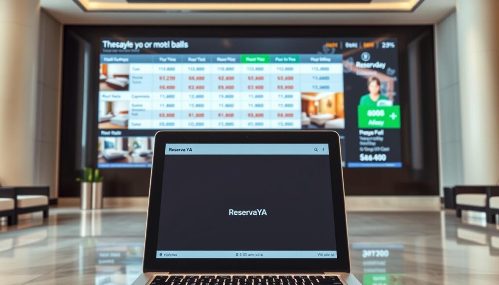 A serene hotel lobby with a large digital display board showcasing room rates and availability from multiple hotel chains. The display is crisp and modern, allowing users to easily compare prices and amenities side-by-side. In the foreground, a laptop or tablet is open to the "Reserva YA" booking platform, highlighting the seamless integration of price comparison and booking capabilities. The overall scene conveys efficiency, transparency, and the empowerment of the consumer to find the best hotel deal.
