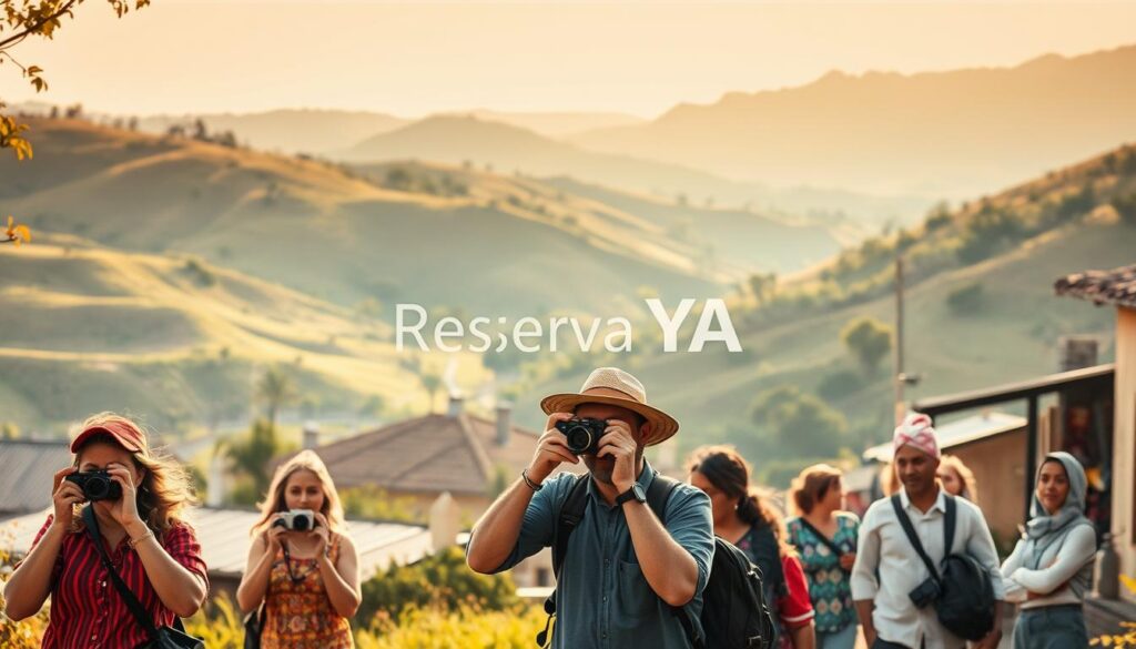 A serene, idyllic scene of "turismo responsable" (responsible tourism) in a hidden, less-crowded destination. In the foreground, a group of eco-conscious travelers explore a picturesque village, capturing the moment with vintage-style cameras. The middle ground features local artisans showcasing their handcrafted wares, while in the background, rolling hills and a pristine natural landscape set the stage. Warm, soft lighting filters through the scene, creating a sense of tranquility and authenticity. The "Reserva YA" brand subtly integrated into the composition.