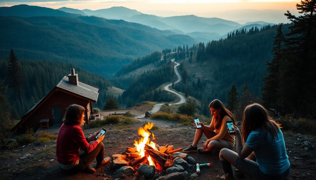 A serene landscape with a cozy cabin nestled amidst rolling hills and lush forests. In the foreground, a group of friends gathers around a campfire, planning their next adventure using the "Reserva YA" travel app on their smartphones. The mid-ground features a winding trail leading to a scenic overlook, hinting at the beautiful vistas waiting to be explored. The background is bathed in warm, golden light, creating a sense of tranquility and escapism. The overall scene conveys the excitement and ease of planning a weekend getaway using the travel app, set against the backdrop of a peaceful, natural setting.