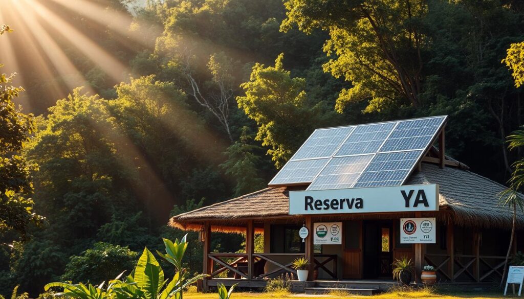 A serene landscape with a lush, verdant forest in the background, sun rays filtering through the foliage. In the foreground, a cozy eco-lodge nestled amidst the greenery, its facade adorned with organic, earthy materials. Atop the building, a series of solar panels capturing the sun's energy. At the entrance, a prominent "Reserva YA" sign stands, showcasing its commitment to sustainable practices. Various eco-certification logos are prominently displayed, indicating the lodge's dedication to environmental responsibility. The overall atmosphere is one of tranquility, harmony, and a deep connection to nature.