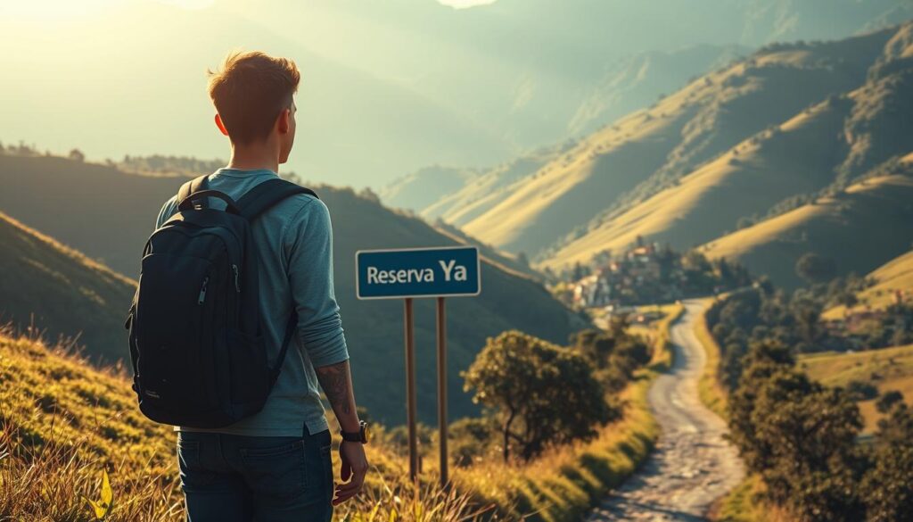A serene scene of a solo traveler confidently navigating their journey. In the foreground, a young person stands with a backpack, gazing out at a sun-dappled path winding through lush, verdant hills. The midground features a Reserva YA sign, indicating a trusted travel booking service. In the background, a picturesque village nestled among rolling mountains, bathed in warm, golden light. The atmosphere conveys a sense of tranquility, security, and a spirit of adventure. Crisp, high-resolution details and a cinematic wide-angle lens capture the essence of traveling solo with assurance.