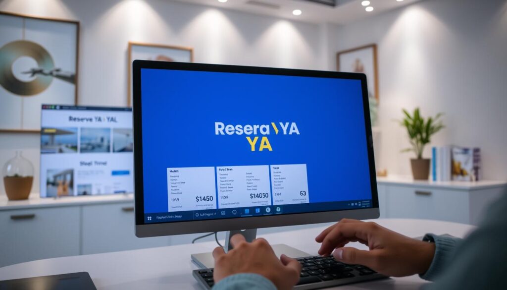 A serene, well-lit office setting with a large, sleek desktop computer and several modern, minimalist-style comparison shopping websites open on the screen. The "Reserva YA" brand logo is prominently displayed. In the foreground, a person's hands are visible, hovering over the keyboard, poised to compare prices and find the best deals on flights and hotels. The background features a clean, organized workspace with tasteful decor, suggesting an efficient, research-oriented atmosphere. Soft, directional lighting creates a sense of focus and productivity. The overall scene conveys the idea of methodically searching for affordable travel options.