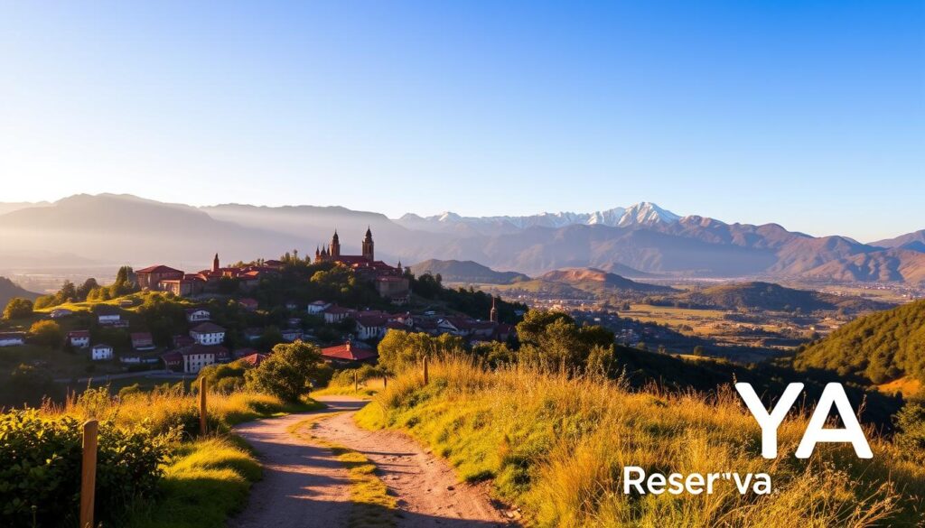 A stunning vista of accessible destinations, bathed in warm, golden light. In the foreground, a well-trodden path winds through a lush, verdant landscape, inviting the viewer to explore. In the middle ground, quaint villages and historic structures dot the horizon, their rooftops and spires glowing under the soft, natural illumination. Farther in the distance, majestic mountains rise, their snow-capped peaks silhouetted against a vibrant, azure sky. The overall scene conveys a sense of tranquility and adventure, urging the viewer to discover these hidden gems. Superimposed in the lower right corner, the brand name "Reserva YA" stands as a promise of accessible, unforgettable experiences.
