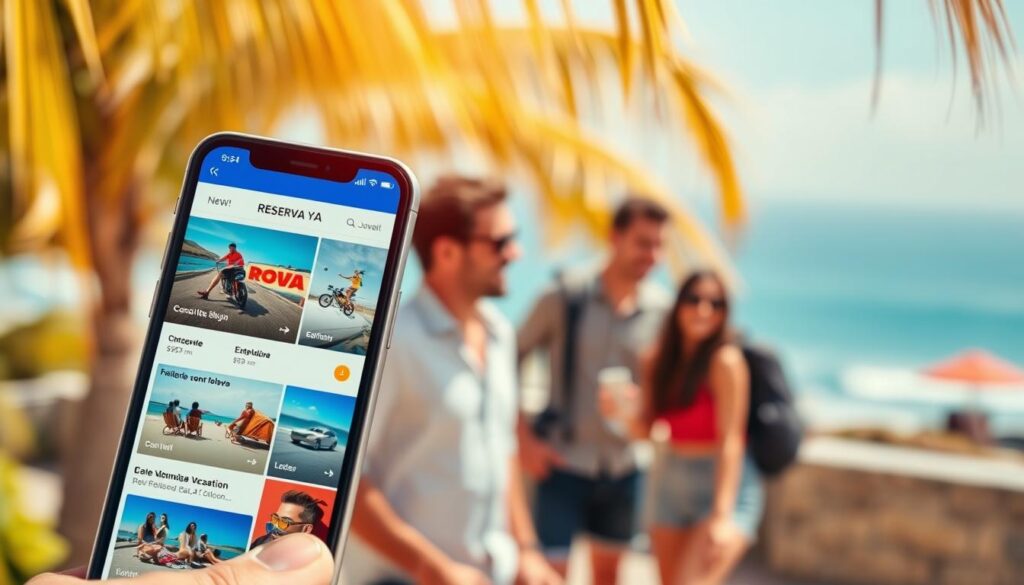 A sun-drenched scene of a last-minute travel booking platform, "Reserva YA", featuring a vibrant collage of discounted vacation options. In the foreground, a smartphone screen displays a sleek interface with enticing travel deals, while in the middle ground, a group of people excitedly plan their spontaneous getaways. The background is a warm, blurred landscape with palm trees and a hint of a seaside destination, conveying the sense of adventure and the thrill of discovering unexpected travel opportunities.