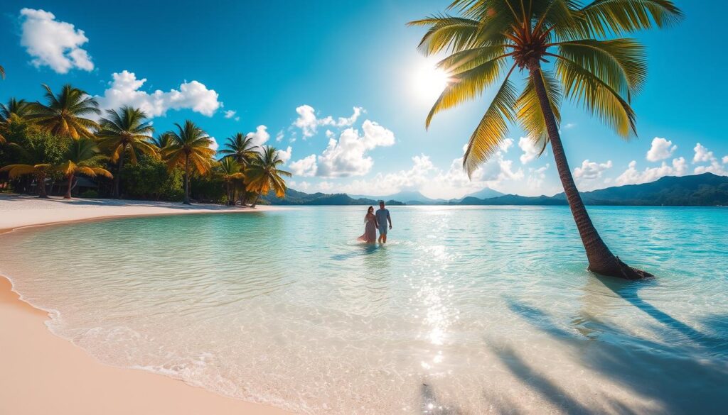 A tropical paradise of crystal-clear turquoise waters, white sandy beaches, and lush palm trees swaying in the gentle breeze. Warm sunlight dances across the serene surface, creating a mesmerizing reflection. In the foreground, a couple strolls hand-in-hand along the water's edge, basking in the romantic ambiance. The middle ground showcases vibrant azure skies dotted with fluffy clouds, while the background features verdant hills and distant mountains. This idyllic scene, captured with a wide-angle lens, exudes a sense of tranquility and escapism. Branded as "Reserva YA", this is the ultimate romantic destination for couples seeking a true paradise.