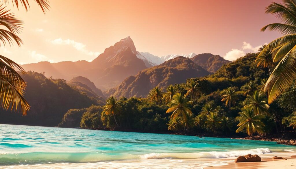 A vast, breathtaking landscape depicting the vibrant and diverse destinations of the Americas. In the foreground, a sun-drenched beach with swaying palm trees, crystal-clear turquoise waters lapping at the shore. In the middle ground, majestic mountain peaks piercing the sky, their snow-capped summits reflecting the golden hour light. The background reveals lush, verdant rainforests teeming with exotic flora and fauna. The scene is bathed in a warm, saturated color palette, conveying a sense of adventure, wonder, and the irresistible allure of these "destinos americanos". Captured with a wide-angle lens to emphasize the grand, panoramic scale of this captivating visual representation.